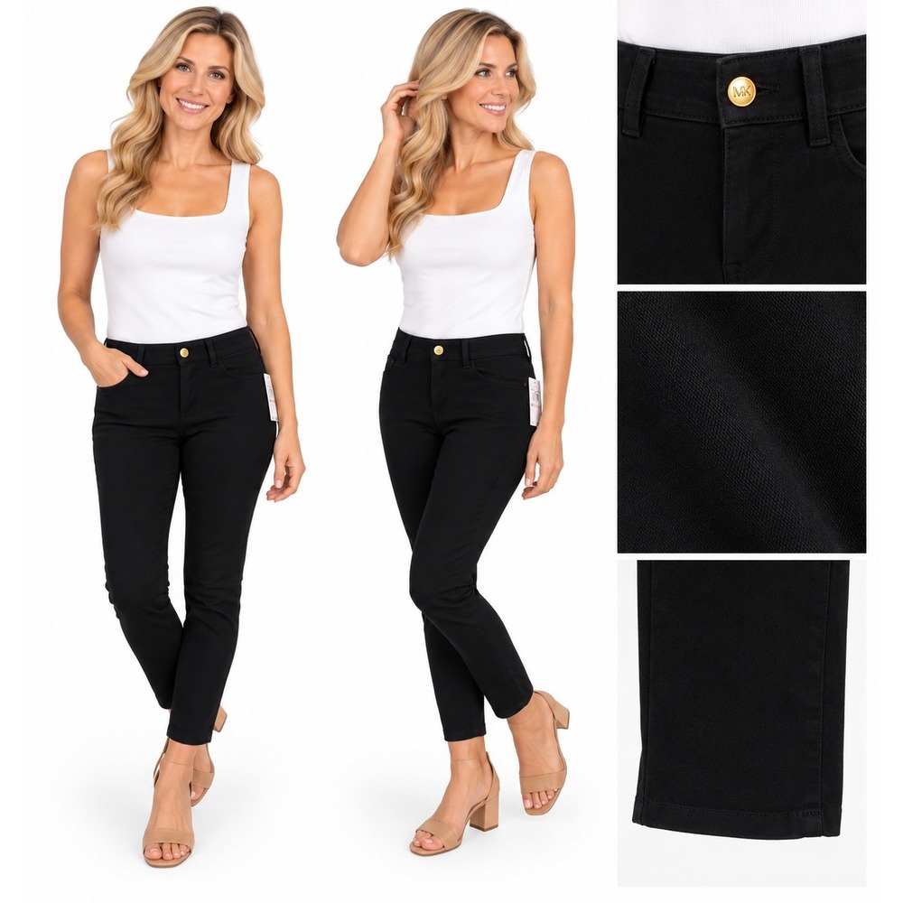 Michael Kors Jeans 2 Black Skinny Stretch Pants NWT Gold Logo Quiet Luxury
